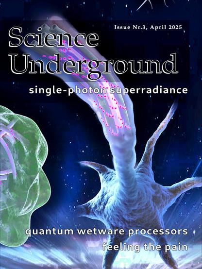 Faux science magazine cover by the name of "Science Underground" issue 3, April, 2025

listed as theme article:
single-photon superradiance, quantum wetware processors feeling the pain.

both referencing:
Open access
Research Article
PHYSICS
Share on

Computational capacity of life in relation to the universe
Philip Kurian https://orcid.org/0000-0002-4160-6434 Authors Info & Affiliations
Science Advances
28 Mar 2025
Vol 11, Issue 13
DOI: 10.1126/sciadv.adt4623

Abstract
As physical systems, all life in the universe processes information according to physical laws. Estimates for the computational capacity of living systems generally assume that the fundamental information-processing unit is the Hodgkin-Huxley neuron, thereby excluding aneural organisms.



from the conclusion:
"The proteins studied…form vast cytoskeletal architectures across almost all domains of carbon-based life, and they exhibit single-photon superradiance. That is, even in the limit of a single photon shared coherently across n quantum two-level systems, these protein architectures support superradiant states (with radiative decay rates nγ>Γj>γ for each state j) that are strongly coupled to the electromagnetic field due to their collective long-range interaction."