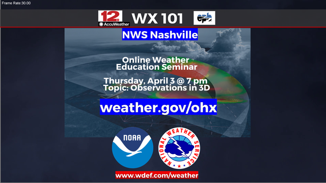 Next topic from @NWSNashville #Weather101 #weatherseminar: Weather Observations in 3D. 
Webinar begins at 7 PM CDT Thursday, 4.3.25
More information and registration: https://www.weather.gov/ohx/weather101

[NWS Nashville, Weather 101, weather education, meteorology education, weather webinar, weather information presentation, #WhatNOAADoes, Severe Weather Safety, meteorology information, public weather safety]
