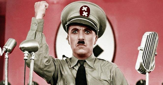 Actor and director Charlie Chaplin plays dictator Adenoid Hynkel in "The Great Dictator," a satire on Nazi Germany.