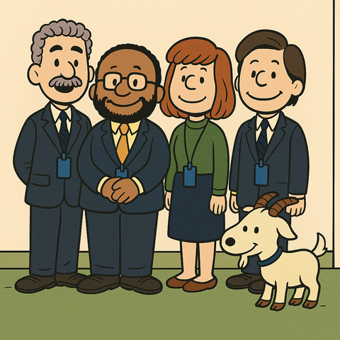Four cartoon characters in business attire are standing together with a goat wearing a tie.