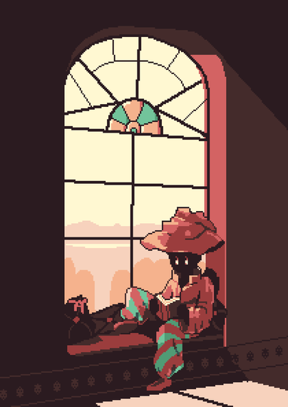 A shadow person in a red shirt and baggy red and green striped pants (cinched at the ankles) is sitting in a window surrounded by cushions reading a book. It appears to be early evening with the sun bursting through the window and highlighting the stained glass in the center.