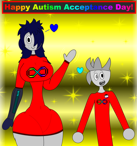 Iridium and Mercury are both happy that today (April 2nd) is Autism Acceptance Day. They both wear red shirts with a rainbow infinity symbol printed on it. Mercury wears an Asexual Pride pin on his shirt. The phrase "Happy Autism Acceptance Day!" can be seen in rainbow-colored text above said characters. The background is yellow like gold.