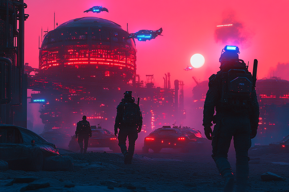 Three space soldiers walking on a newly colonized planet, surrounded by futuristic vehicles, towering settlements, and spaceships under a red-hued sky