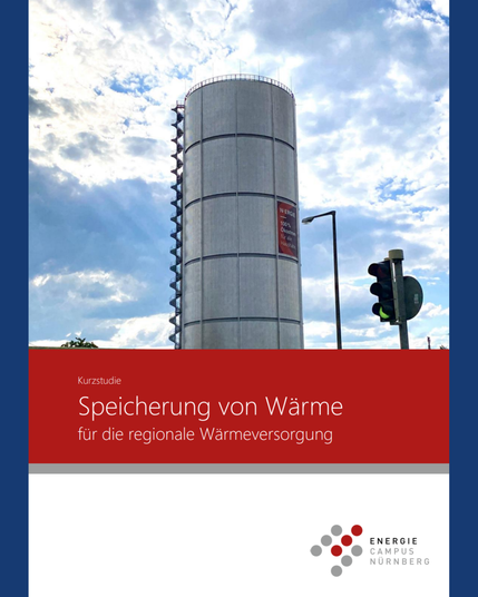 Cover der Studie "Speicherung von Wärme für die regionale Wärmeversorgung" auf blauem Hintergrund.