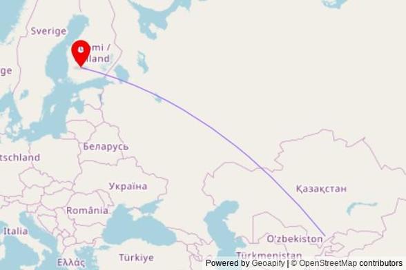 A map showing the great circle route from Shymkent in Kazakhstan to a map pin at Hervannan Katukappeli, Pietilänkatu 2, 33720 Tampere, Finland