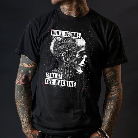 T-shirt with an impressive and dystopian design. The central image is a human skull that seamlessly transforms into mechanical components and cables, symbolising the fusion of man and machine. The background consists of a grid pattern with small red accents that emphasise the futuristic theme. The text ‘DON'T BECOME’ is written in white above the image, while the sentence ‘PART OF THE MACHINE’ is also placed in white below. The font looks edgy and modern, in keeping with the technological theme.

This T-shirt appeals to people who want to take a critical look at the increasing technologisation and automation of society. It combines a strong visual statement with a unique design and is ideal for fans of futuristic or dystopian aesthetics.

Translated with DeepL.com (free version)