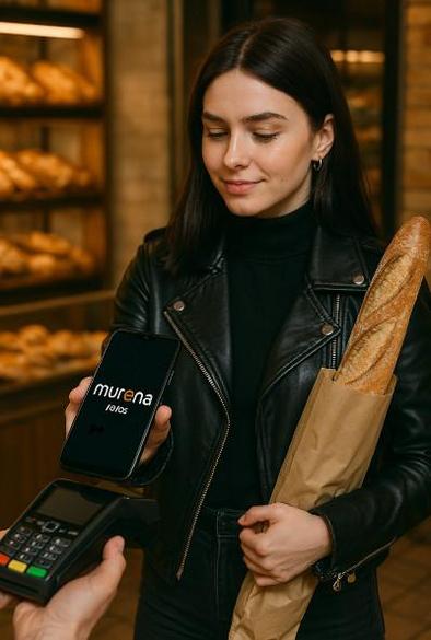 Illustration of a women paying contact-less with a Murena smartphone using /e/OS. Image attribution: GPT4 and Gaël Duval