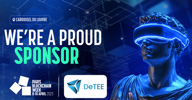 Futuristic statue in Paris on the background. DeTEE is a proud sponsor of the Paris Blockchain Week 2025.