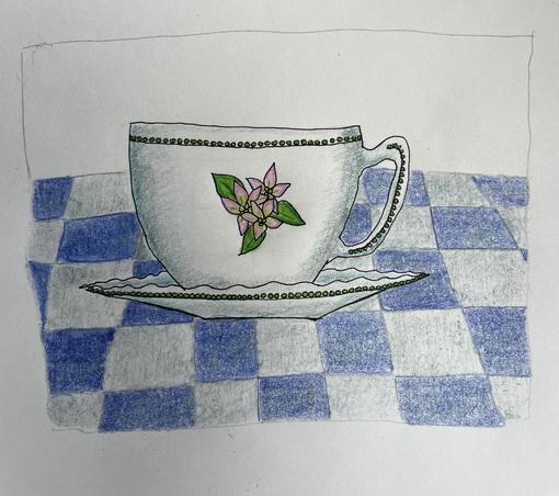 A drawing of a teacup and saucer. A flower decorates the center of the cup. It sits on a checkered tablecloth. 