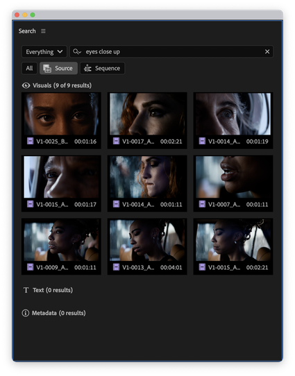 Screenshot of the Search panel in Premiere Pro. The words "eyes close up" are typed in the search box, and 9 thumbnails for visual results are shown.