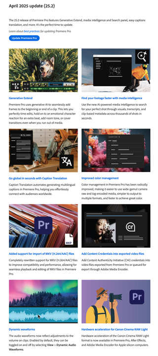 Screenshot of a webpage highlighting 8 new features in Premiere Pro 25.2
