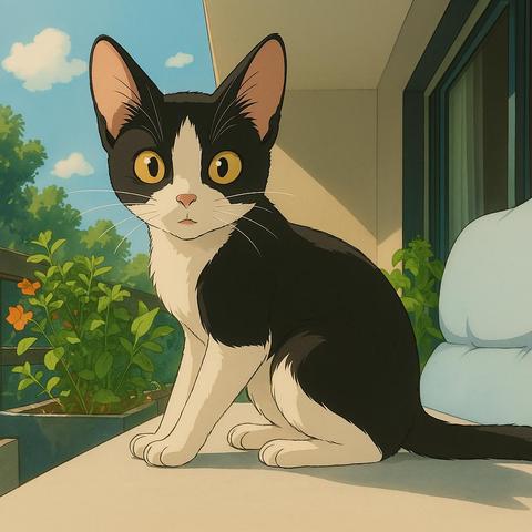 A photo of our young cat Sushi rendered as a Studio Ghibli anime