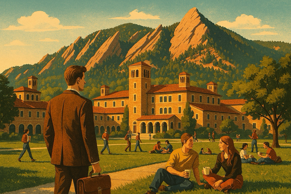 Man walks onto the campus grounds. Mountains in the background