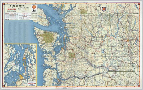 Petrofuture Washington State--66m sea level rise on a vintage Shell gas station map.

The Olympics become an island. Seattle becomes an array of islands, bays, and peninsulas