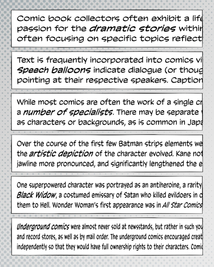 A specimen of Indoor Kid with upper and lowercase, showing each of the family’s withs in a separate comics-style panel. 