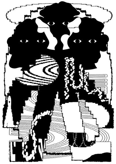 A black-and-white abstract artwork featuring abstract forms resembling faces with large eyes, layered patterns, and wavy lines, creating a dynamic visual effect.