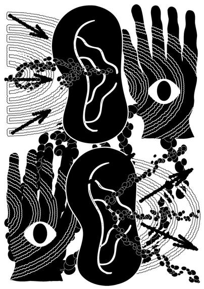 An abstract black and white illustration featuring two stylized hands, an eye, and various fluid shapes and lines. The design includes arrows and circular patterns, creating a sense of movement and connection.
