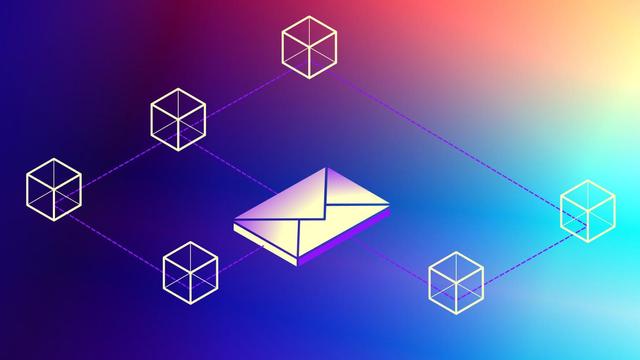Un enveloppe entourée de cubes stylisés sur un fond multicolore