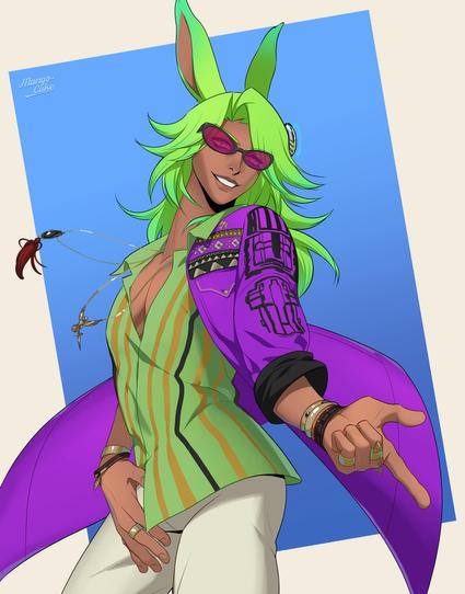 Digital artwork of Dancing Green from FFXIV striking a pose and smiling at the viewer.