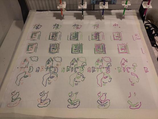 a piece of paper in an adapt CNC machine with 4 pens. the pens have drawn different piece of each drawing with some jitter