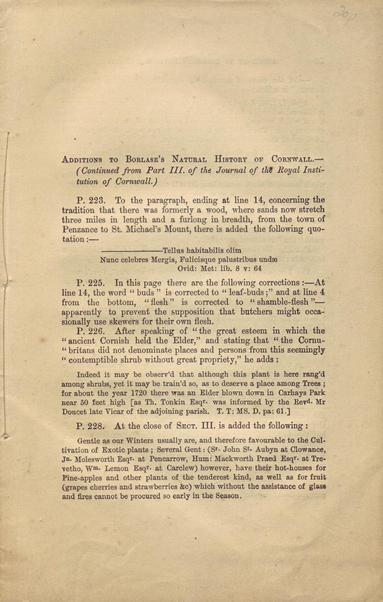 The front cover of Additions to Borlase's Natural History of Cornwall, Part 3, from manuscript notes by William Borlase, published in 1865 as a supplement to the Journal of the Royal Institution of Cornwall. Plain white paper with title and the first few paragraphs of text.