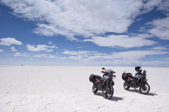 Two adventure motorcycles on the salar de uyuni Bolivia, on Adventure Rider Radio - worlds longest running and most downloaded podcast of its kind.