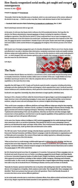 At the same time, Russian military intelligence (GRU) pushed propaganda into the media landscape through what researchers refer to as narrative laundering. They planted the seed of a story, attempting to have it picked up and distributed by larger and larger media outlets. They would promote these stories through fake personas on social media, made-up think tanks and alternative news outlets.