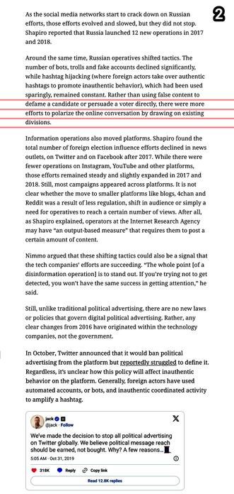 Around the same time, Russian operatives shifted tactics. The number of bots, trolls and fake accounts declined significantly, while hashtag hijacking (where foreign actors take over authentic hashtags to promote inauthentic behavior), which had been used sparingly, remained constant. Rather than using false content to defame a candidate or persuade a voter directly, there were more efforts to polarize the online conversation by drawing on existing divisions.