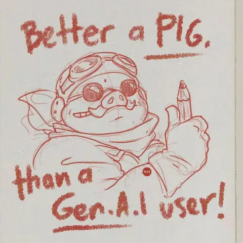 Imagen de Porco Rosso  con un lápiz en la mano que dice " Better a Pig than a Gen AI user"