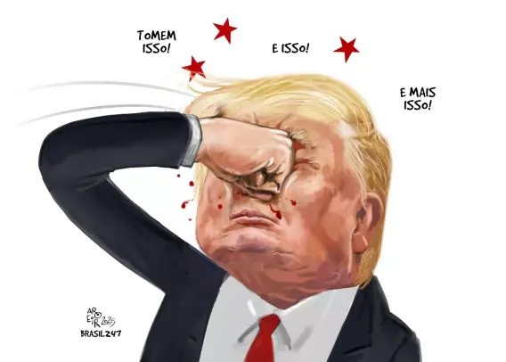 O cartum mostra o  Trump dando vários socos na própria cara.