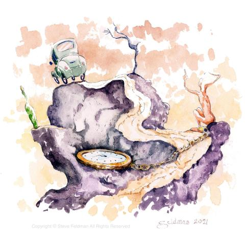 A Weak Interjection of Protest Along the Road to Ruin is a quirky watercolor painting of a seated figure along side a precipitous narrow winding dirt road signaling to a car that has already past and may be in danger of plunging down from the crest.