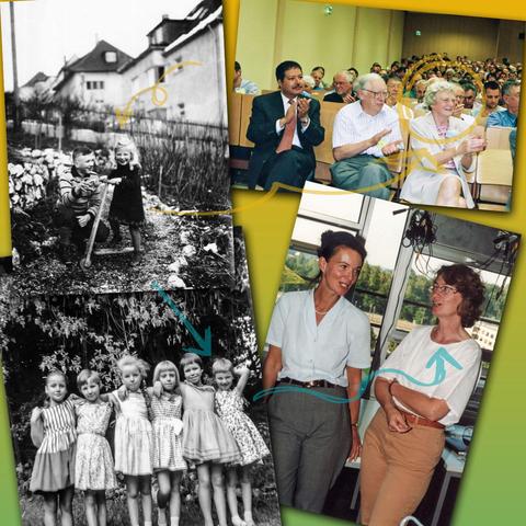 The LiC girls, top row from left: little Sigrid Peyerimhoff (The University of Bonn, Mulliken Center, l-i-c.org/1138) with her brother; next to Ahmed Zewail and John A. Pople at the XI. International Congress on Quantum Chemistry. Bottom row from left: little Katharina Kohse-Höinghaus (Bielefeld University, l-i-c.org/1137) on the far right with school friends, 1961; many years later with Gisela Lück.