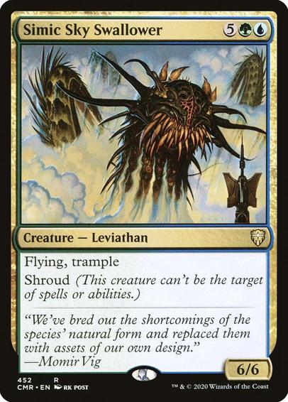 Card Name: Simic Sky Swallower
Set: Commander Legends
Description: Flying, trample
Shroud (This creature can't be the target of spells or abilities.)
Artist: rk post