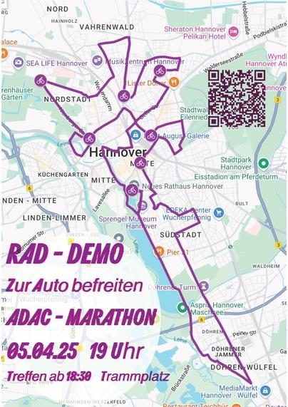 Stadtkarte von Hannover mit eingezeichneter Strecke des Hannover-Marathon und damit zugleich die Strecke der Rad-Demo am Vorabend, Samstag, 05.04.25 ab 18:30 Uhr, Trammplatz Hannover
