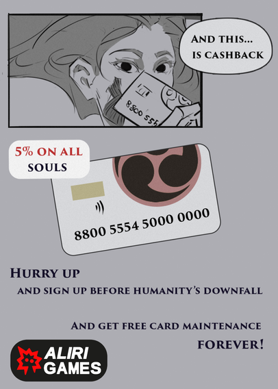 comic about the goddess of death Izanami and the god of life Izanagi. In our game, they have an agreement that there should be a balance between the dead and the living. Continues the first panel. It says: - And this… is cashback. then there is an inscription with a drawn bank card: 5% cashback on all souls. Hurry up and sign up before humanity’s downfall, and get free card maintenance forever!