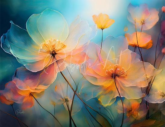 Lovely transparent like petals of peach and yellow against a muted background of green and aqua
