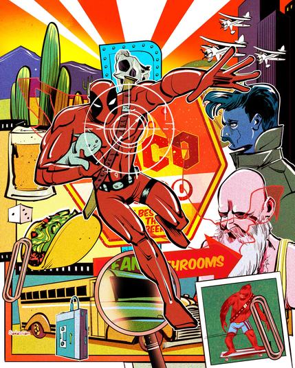 Deadpool holds a cat amidst a montage of Mexican themed elements.