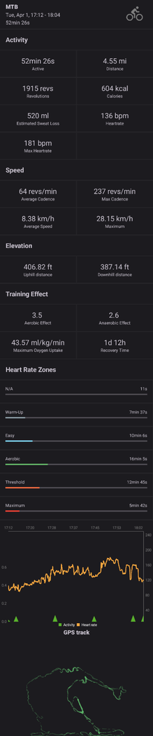 Screenshot from GadgetBridge of a mountain biking activity