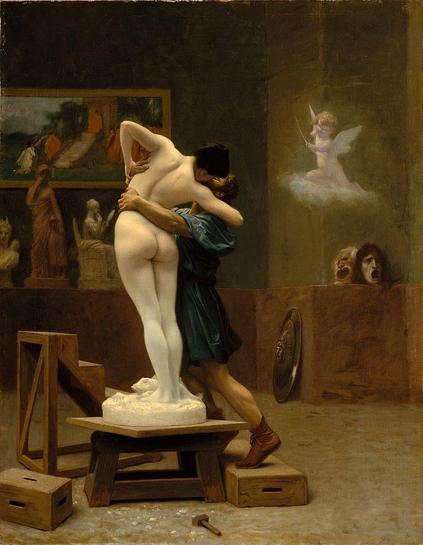 Gérôme Gemälde "Pygmalion und Galatea" zeigt den Moment, in dem Galatea lebendig wird. Unten an der Basis ist sie noch eine Statue aus Stein, der Oberkörper ist lebendig geworden und umarmt und küsst ihren Schöpfer Pygmalion. 