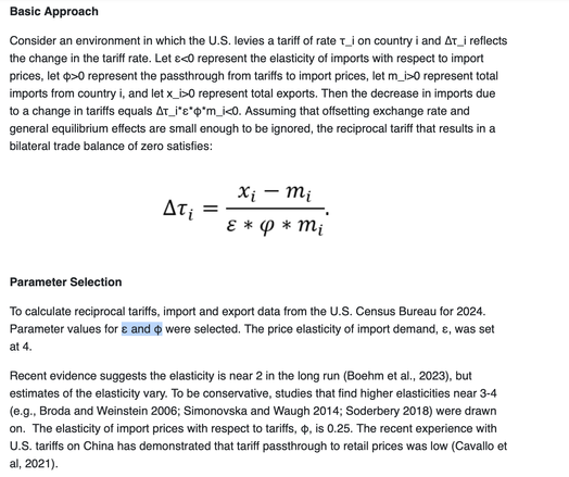 A screenshot from the website of the Office of the United States Trade Representative. The section is Basic Approach, full page here: https://ustr.gov/issue-areas/reciprocal-tariff-calculations

In the center is a formula for tarrifs where the numerator is exports minus imports, and the denominator is imports, multiplied by ε and φ where below they explain ε is 4 and φ is 0.25