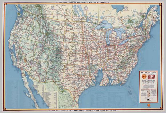 Petrofuture United States--66m sea level rise on a vintage Shell gas station map.

Florida is completely underwater, and the Mississippi River is an inland sea.