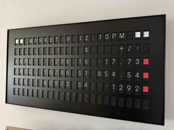 Photo of a Vestaboard flap display listing stock market status 