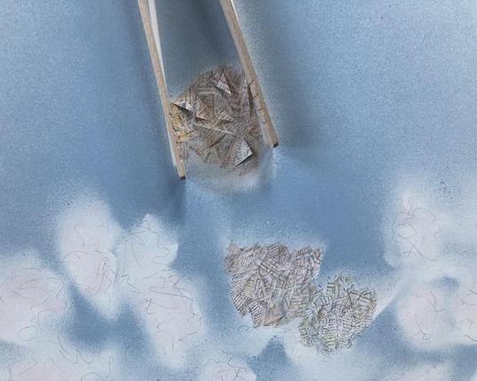 Market data et autres projectiles, 2025, detail
coloured pencil, graphite on paper, bamboo tongs
50 x 40 x 2,5 cm