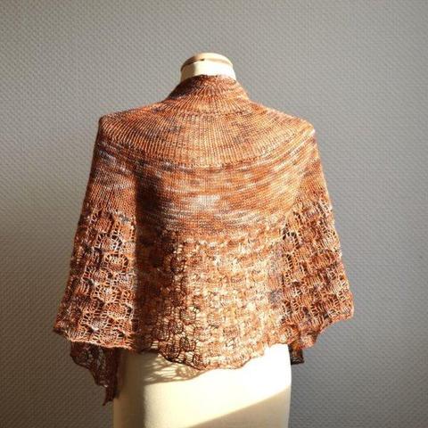 A knit shawl in a brown variegated yarn, with striking lace patterning in the border is shown from the back on a mannequin against a white background.