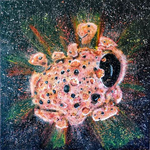 Painting of Phobos exploding against stars-on-sky background.