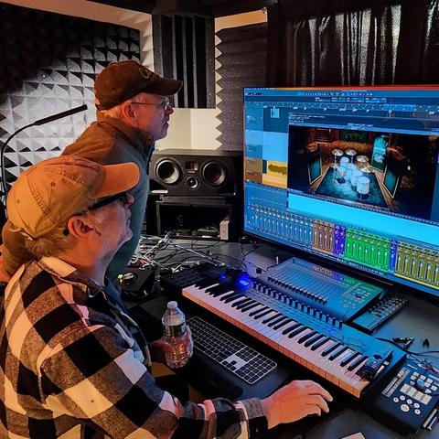 Dave and Joe selecting drums from Superior drummer for a project at Core Zero Studio