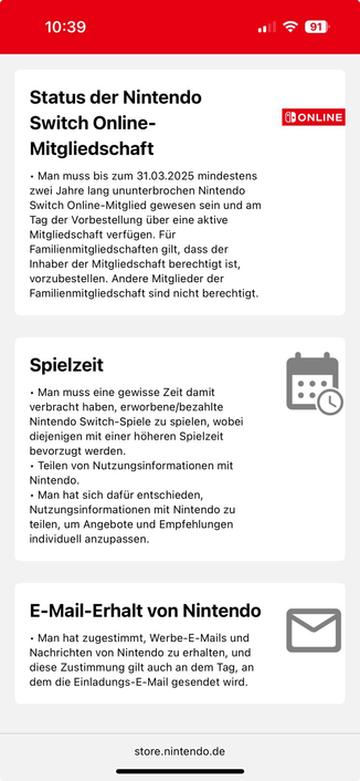 Das Bild zeigt die Bedingungen, um eine Einladung zur Bestellung einer Switch 2 bekommen zu haben. Siehe auch: https://store.nintendo.de/de/nintendo-switch-2