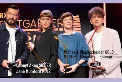 Stuttgarter Besen Gewinner*innen
Gold: Michaela Obertscheider, Silber: Cüneyt Akan, Holz: Jane Mumford. Publikumspreis: Matthias Ningel.
https://www.kabarett-news.de/News-vom-02.04.2025-stuttgarter-besen.html
Fotograf: S. Stumpp / SWR
