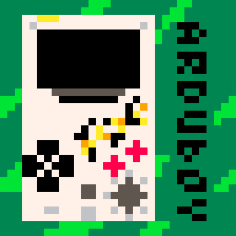 Pixel art of an Arduboy. It is a pocket system about the size of a credit card with the orientation of the original game boy. The FX version is shown here which means a clear faceplate showing of a white circuit board, some system chips and some silkscreened text in black and gold. On a green background with "Arduboy" printed in black running vertically down the right side of the image.