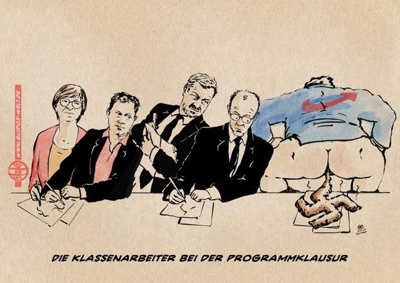 Illustration eines feisten Mannes im blauen Anzug, der ein Hakenkreuz auf den Tisch scheisst und von dem stellvertretend für ihre Parteien Merz, Söder, Klingbeil und Esken abschreiben. Textzeile: Die Klassenarbeiter bei der Programmklausur.